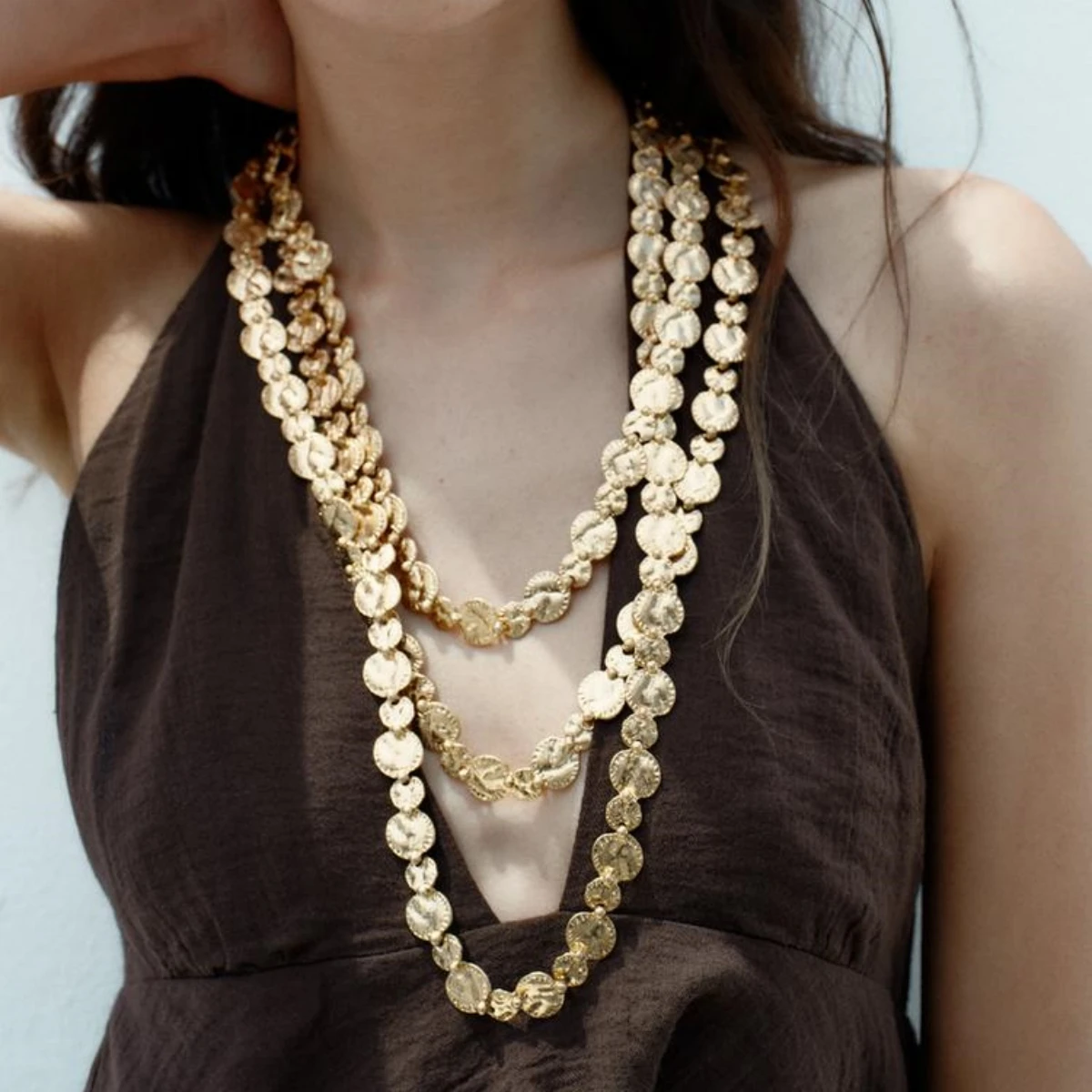 

Trendy 3 Layers Golden Coin Necklace For Women Roman Style Vintage Charm Jewelry Summer Vacation Luxurious Accessories