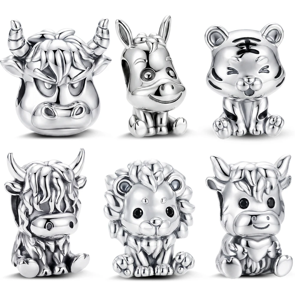 New 925 Sterling Silver Cartoon Highland Cow Pendants Tiger Donkey Charms Jewelry Making For Classic Bracelet Ladies DIY Gifts