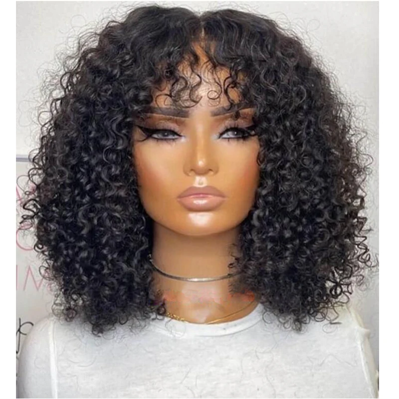 

Natural Black 16"short Soft Glueless 180Density Kinky Curly With Bangs Deep Part Lace Front Wig For Women BabyHair Daily