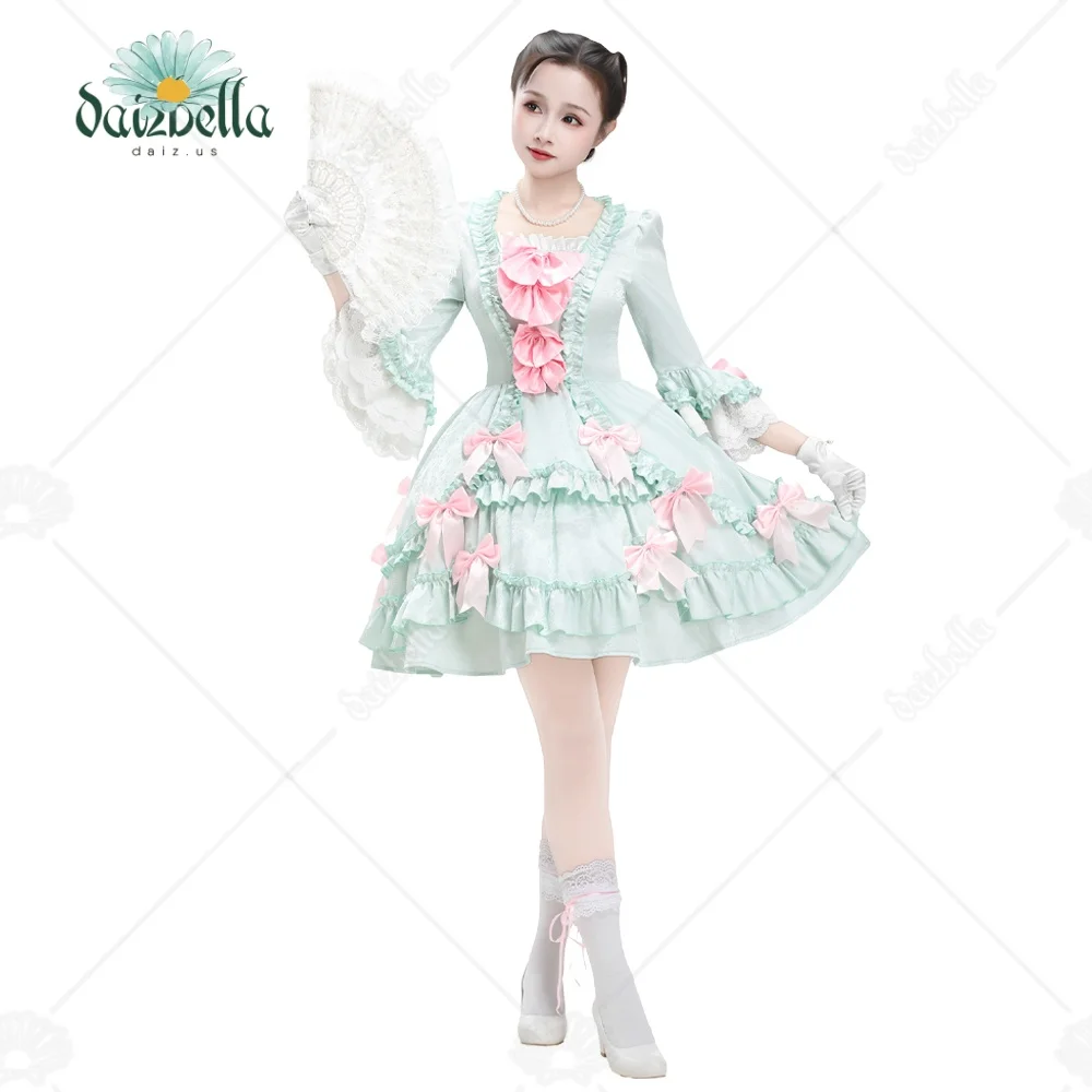 

DAIZBELLA Women's Pompadour Style A-Line Mini Dress in Blue Satin Rococo Inspired Vintage Dress​ with Pink Bow Decorations