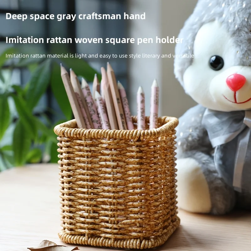 Imitation Rattan Braided Pen Holder Stationery  Box Makeup Brush Tool  Bucket  Fork Tea Brush Tea Configuration Basket