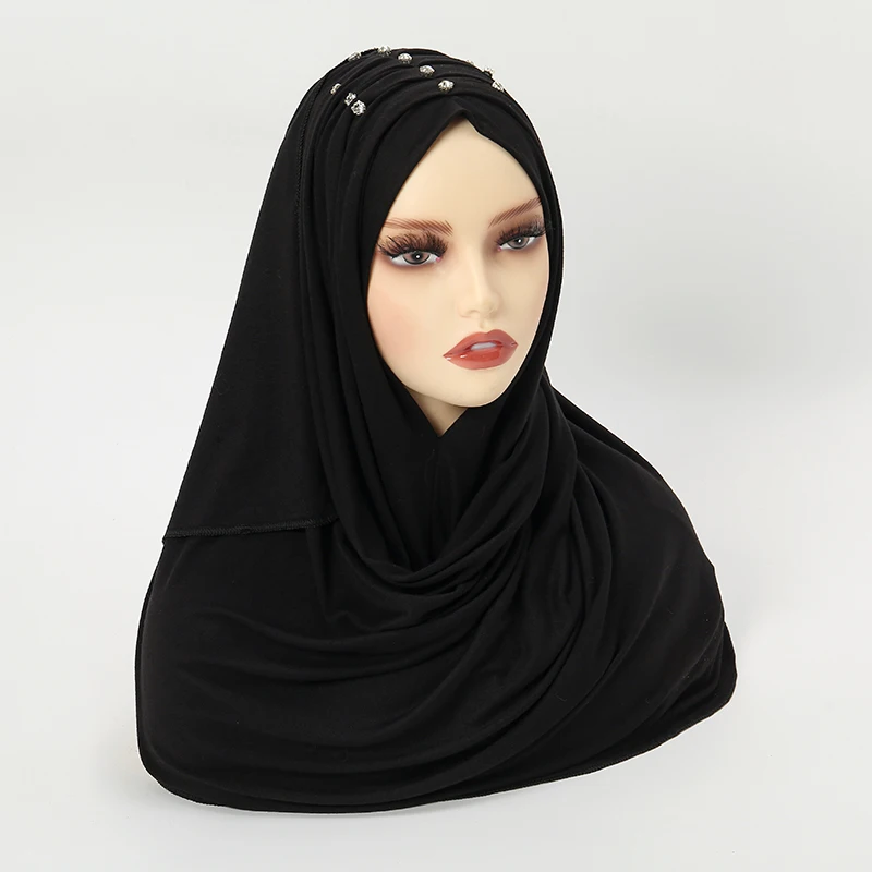 Newest Diamond stud Cotton Hijab Muslim Elastic Shawl Solid Long Scarf For Women Headband Islamic Soft Wrap Headscarf Tudung