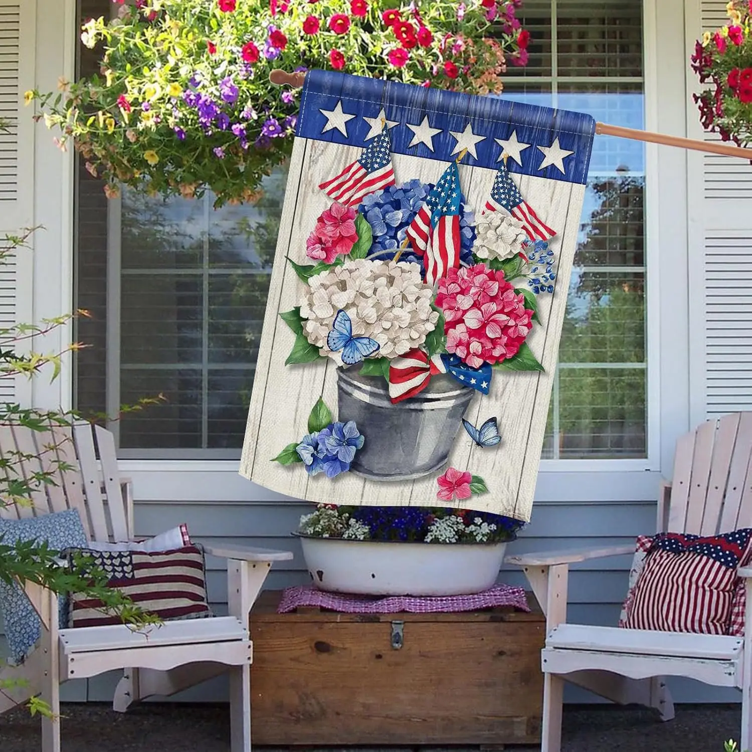 Dyrenson 4th of July Hydrangea Flower 28 x 40 House Flag Double Sided, Patriotic Floral America Garden Yard Decorations, Ame EEZ