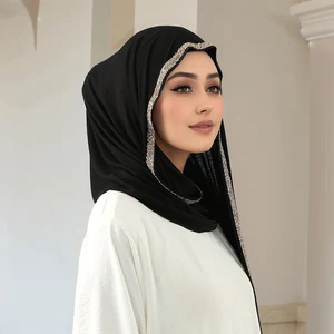 Muslim Chiffon Hijab Scarf for Women Long Solid Color Head Wrap Lady Headscarf Scarves Female Hotfix Rhinestones Jersey Hijabs