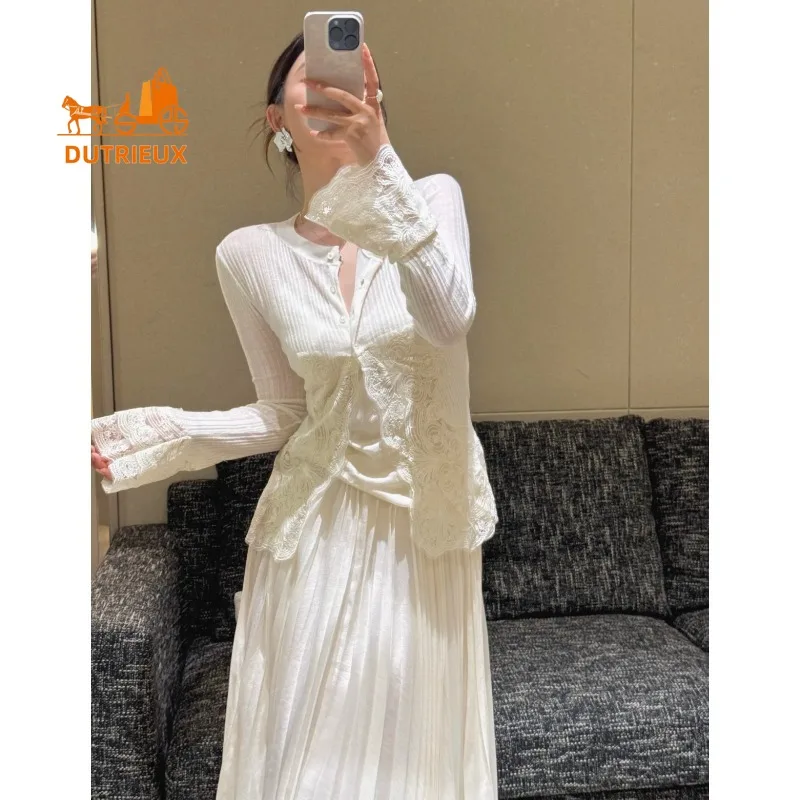 

Summer Lace Patchwork Long Sleeve Half Turtleneck Single Breasted Button Sweater, 100% Real Wool Exquisite Waist and Cuffs Lace
