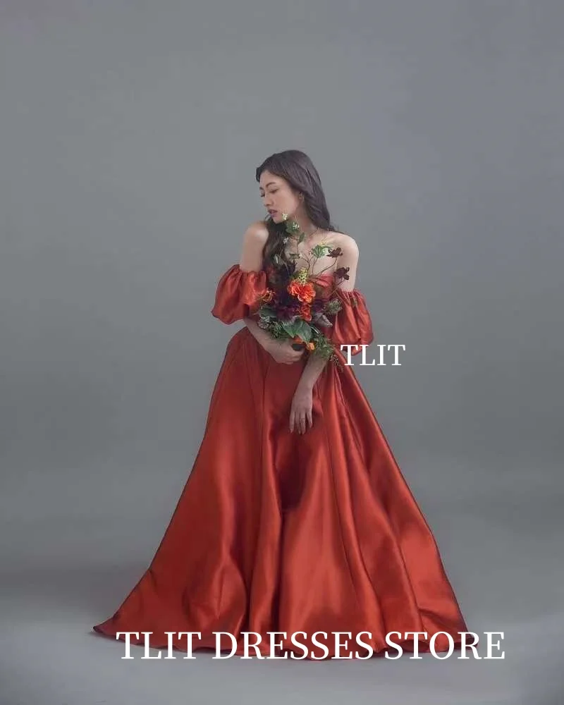 TLIT prosta czerwona satynowa suknia wieczorowa Korea suknia ślubna sesja zdjęciowa bez ramiączek bufiaste rękawy suknia wieczorowa dostosowana suknia do podłogi