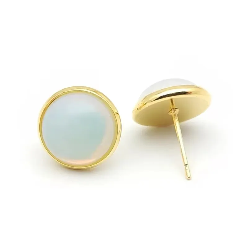 12MM Round Natural Stone Gold Color Stud Tiger Eye Opal Blue Pink Green Crystal Earrings Jewelry  Women Men Gift
