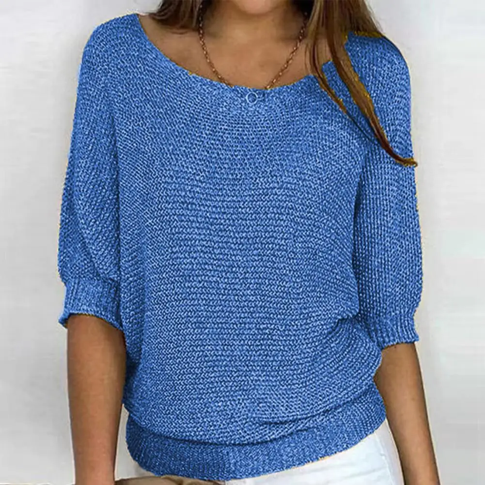 Pull Triblockchain à Col Rond et Manches 3/4 pour Femme, Vêtement de Couleur Unie, Collection Automne et Hiver