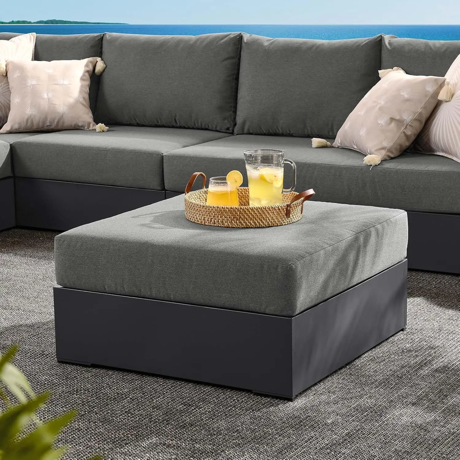 Tahoe Aluminum Ottoman in Gray Charcoal with Weather-Resistant Cushion-Ideal as Outdoor Footstool, Patio or Sunroom Furniture