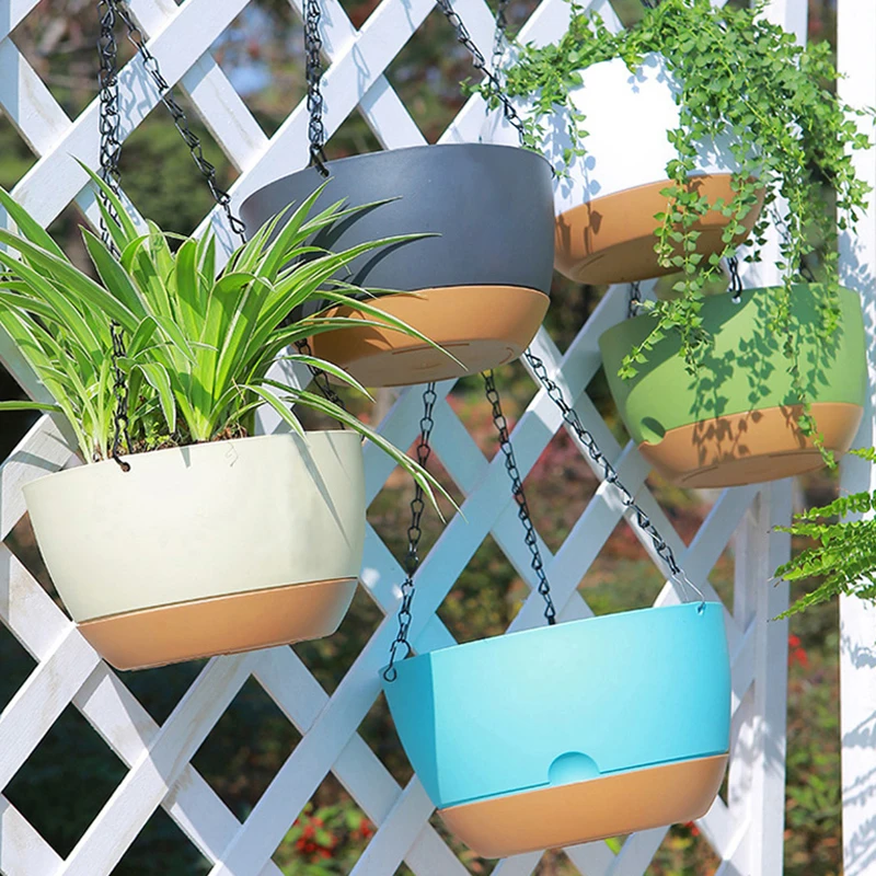Modern Automatic Water Suction Basin Double Chain Hanging Basket Flower Pot Indoor Green Planting Pot Hanging Flowerpot