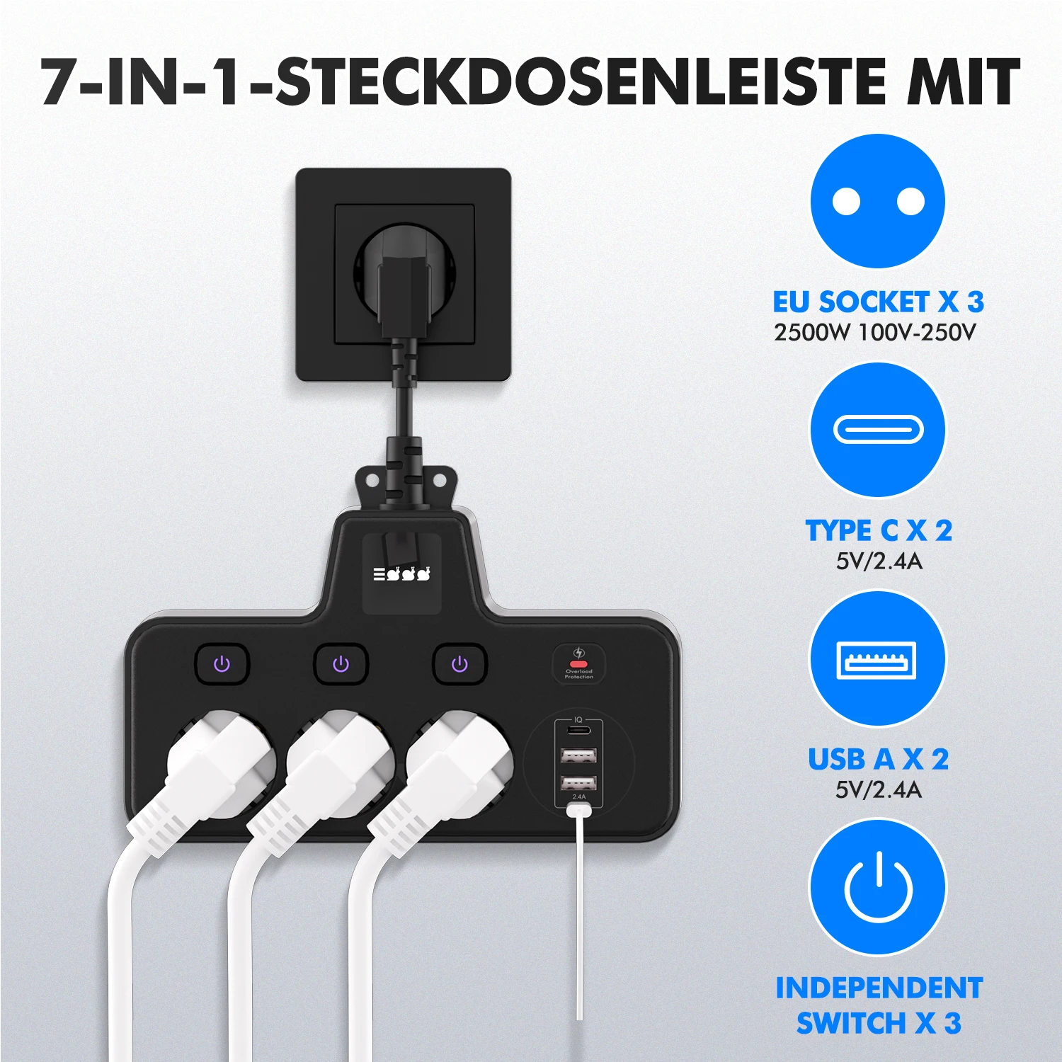 2500W EU AC Plug Power Strip Wall Mounted Independent Switch Multitap Network Filter With USB C Ports 2.1A Fast Charging Adapter