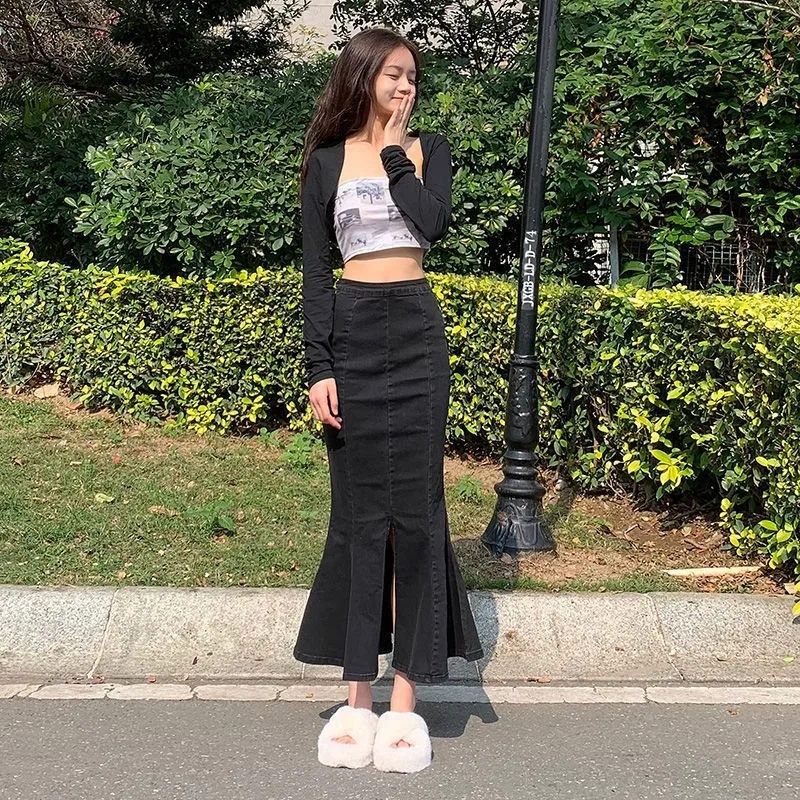 

High Waist Slit Denim Skirt Women's Autumn Winter Elastic Lace Hem mid Length Wrap Fi Tail Skirt Commute Sle Cotton Jeans