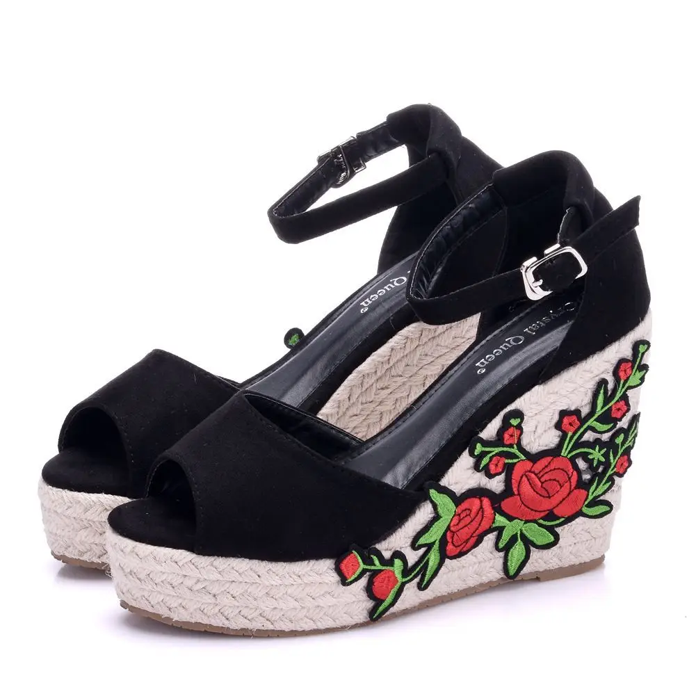 

Summer fish beak embroidered suede shoe bag set banquet dress large size slope heel high heel waterproof platform women's sandal