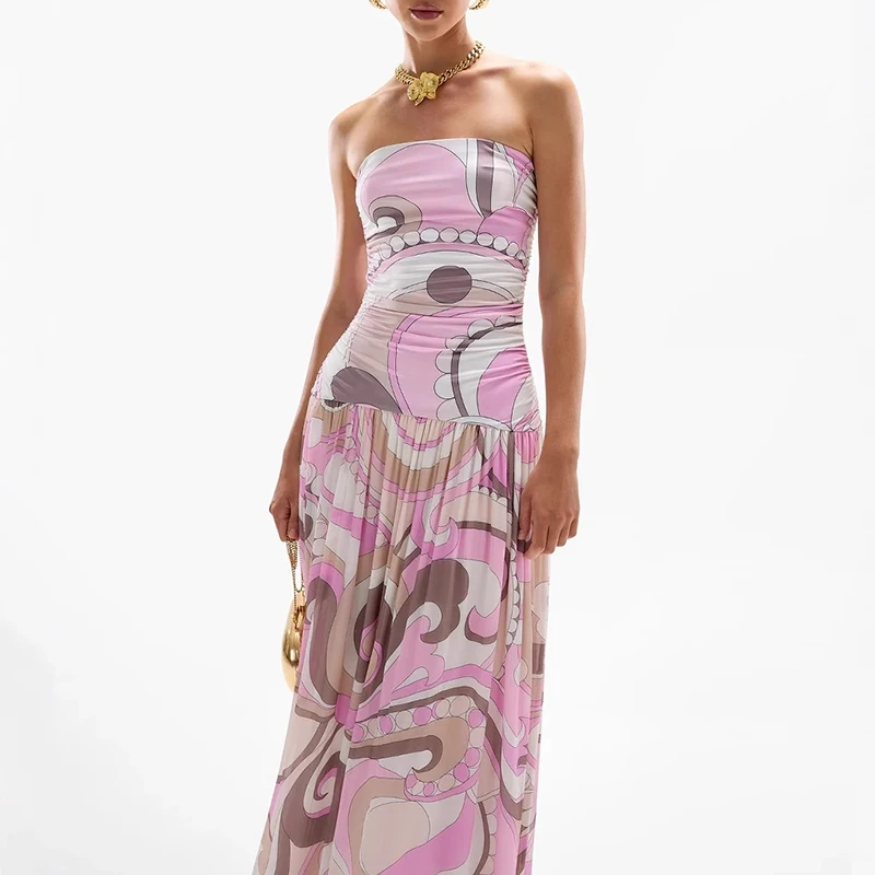 Elegante padrão impresso sem mangas bohe vestido feminino sexy sem alças sem costas balanço vestido moda altura cintura plissado vestidos longos