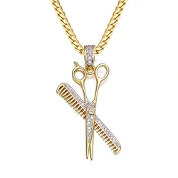 VANAXIN Scissor Comb Necklaces Pendants for Men Women Punk Hair Hairdressing Stylist Barber AAA CZ Shiny Jewelry