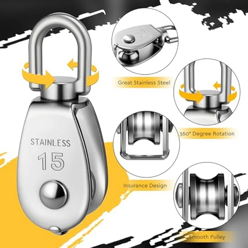 ABKD 16Pcs M15 M20 M25 Single Pulley Block,Stainless Steel Swivel Pulley Wire Rope Hanging Pulley Wheel For Wire Rope Loading