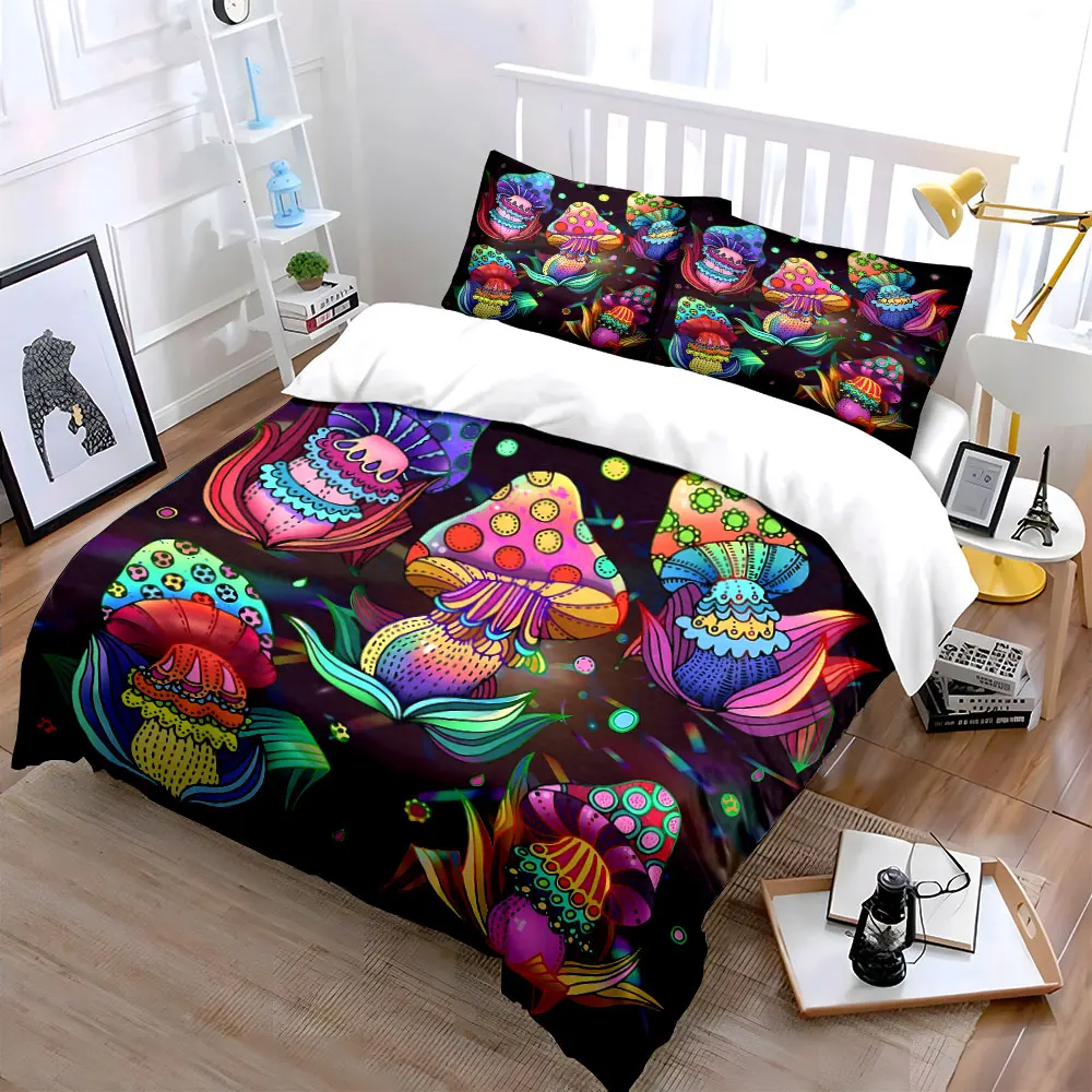 Colorful patterned mushrooms Print Bedding Set 1 Duvet Cover 2 Pillowcases for Adult and Children Luxury Gift Full Size
