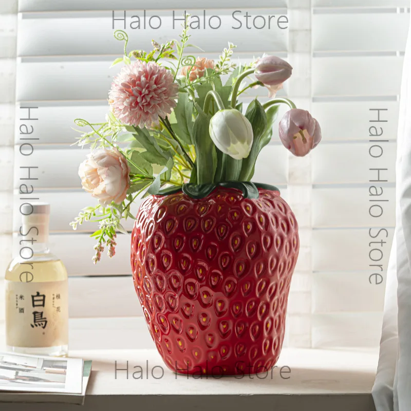 Modern strawberry vase ceramic high-value light luxury ornament living room flower arrangement simulation flower large flower