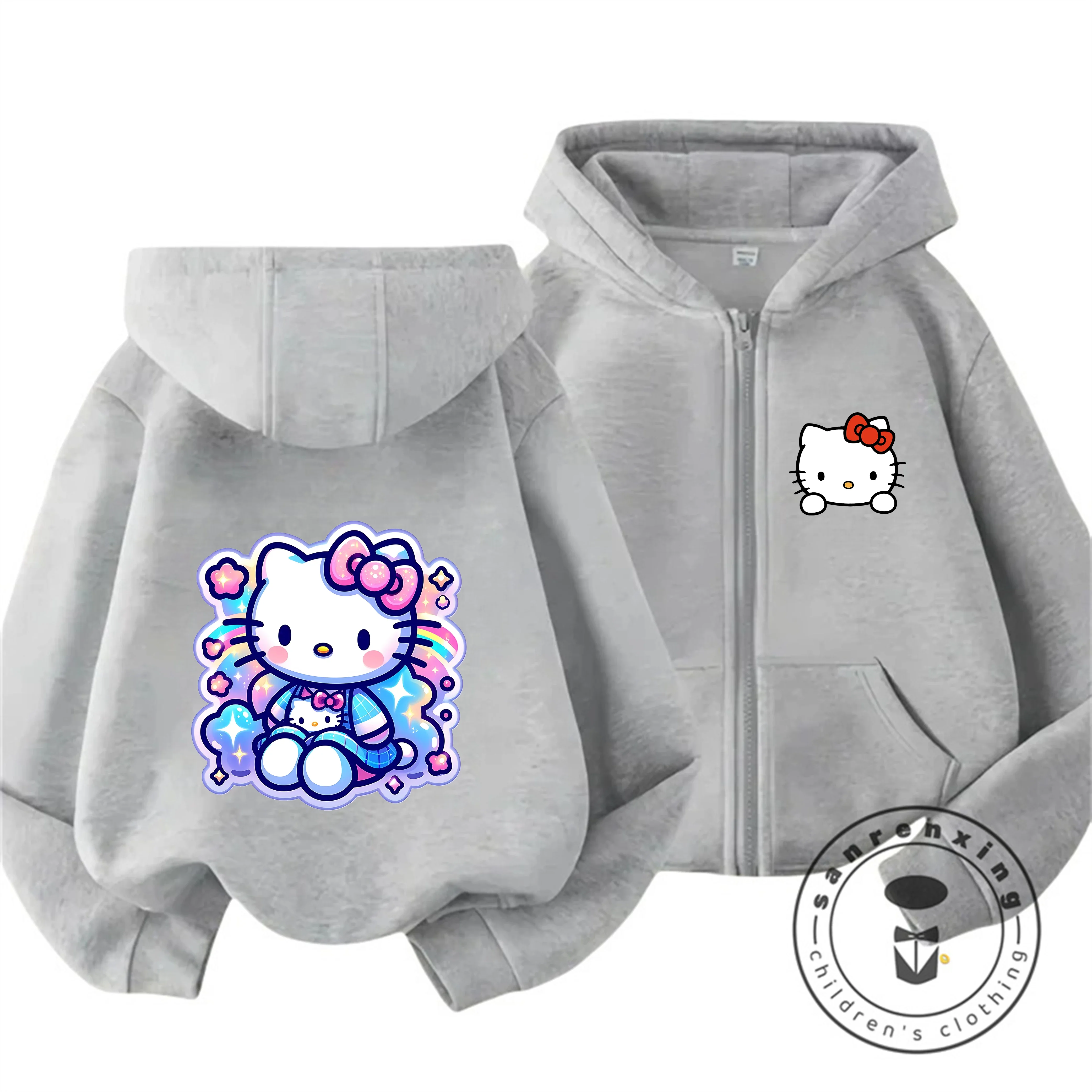 

Hot Fashion 2026 Hello Kitty Zipper Hooded Sweatshirt Boys Girls 3-14Y Autumn Winter Cute Kawaii Cartoon Street Outdoor Casual