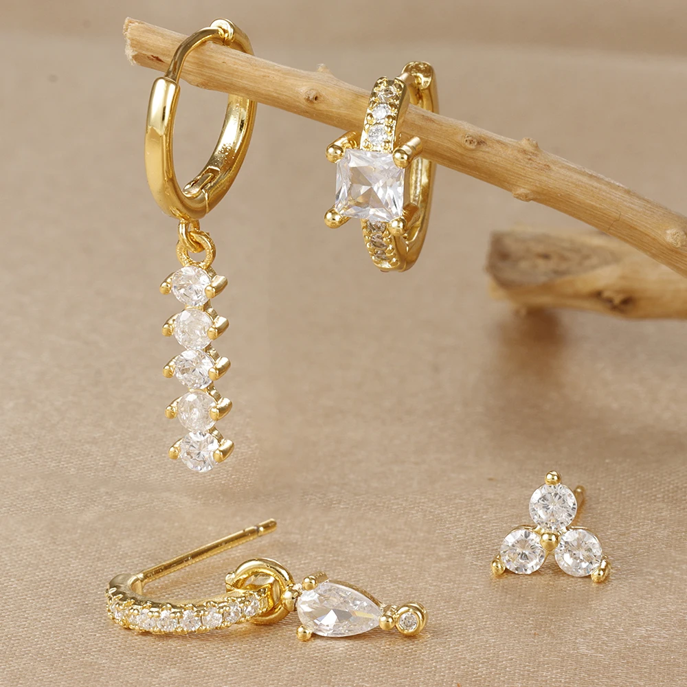 4PCS Simple Crystal Zirconia Square Dangle Earrings Set For Women Korean Stainless Steel Pendant Stud Earring Piercing Jewelry