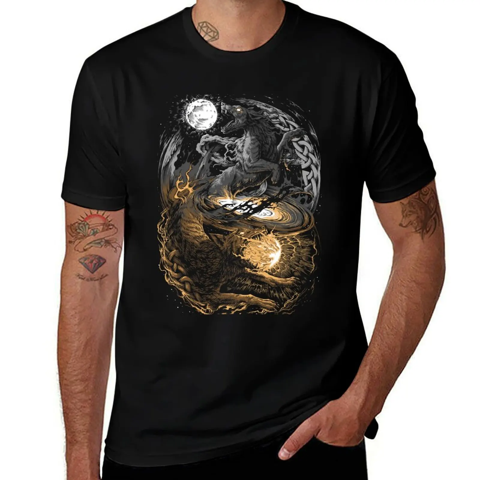 

Viking Wolf Nordic Mythology Hati Skoll Ragnarok Wolves T-Shirt t shirts cotton 100% T-Shirt