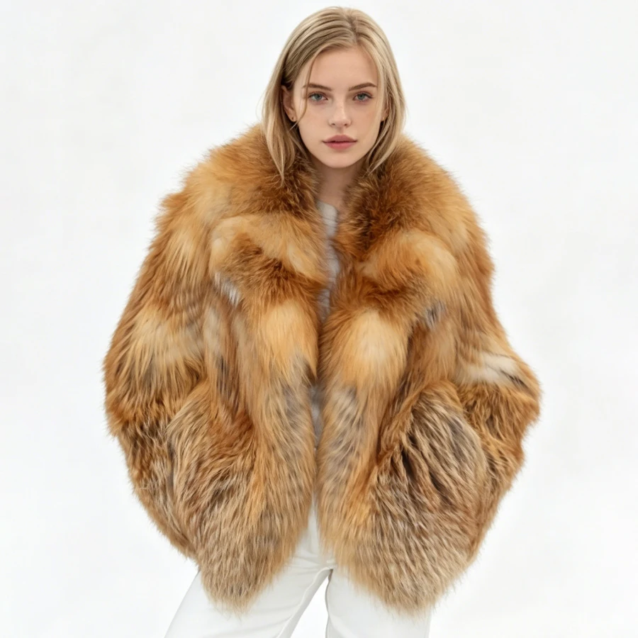 

Woman's Real Silver Fox Fur Overcoat With Collar Crop Red Fox Fur Jacket Winter Weave Fur Outerwear Fashionable Natural Fur Coat