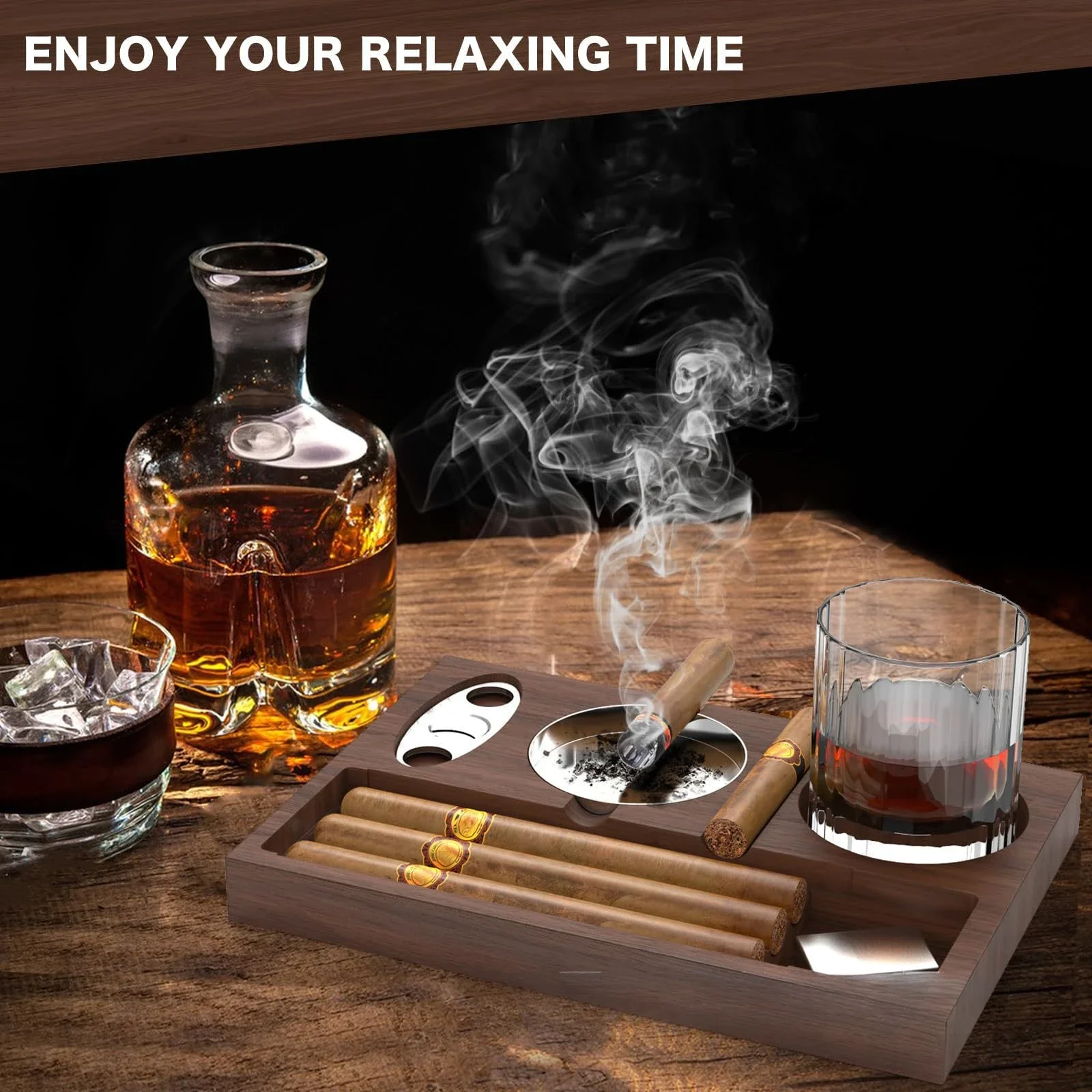 Wooden Cigar Ashtray Indoor Outdoor Patio Home Office Fathers Day Gift Cigar Holder Stand with Cigar Rest