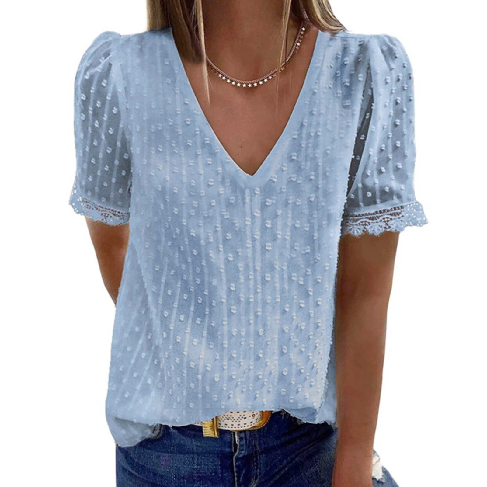 女性のためのモノクロシフォンシャツ、ルーズフィット、レースパチカフ、バレンタインデーギフト