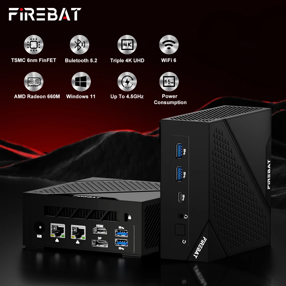 FIREBAT AM02 Mini PC AMD Ryzen 5 6600H Processor DDR5 16GB RAM 512GB SSD WiFi6 BT5.2 Portable Desktop with Network Port HDMI