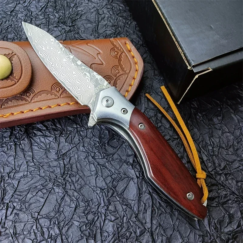 New VG10 Damascus Steel Japanese Kitchen Fruit Knife Camping Hunting Folding Survival Pocket Knife Tactical EDC Gear Wood Handle