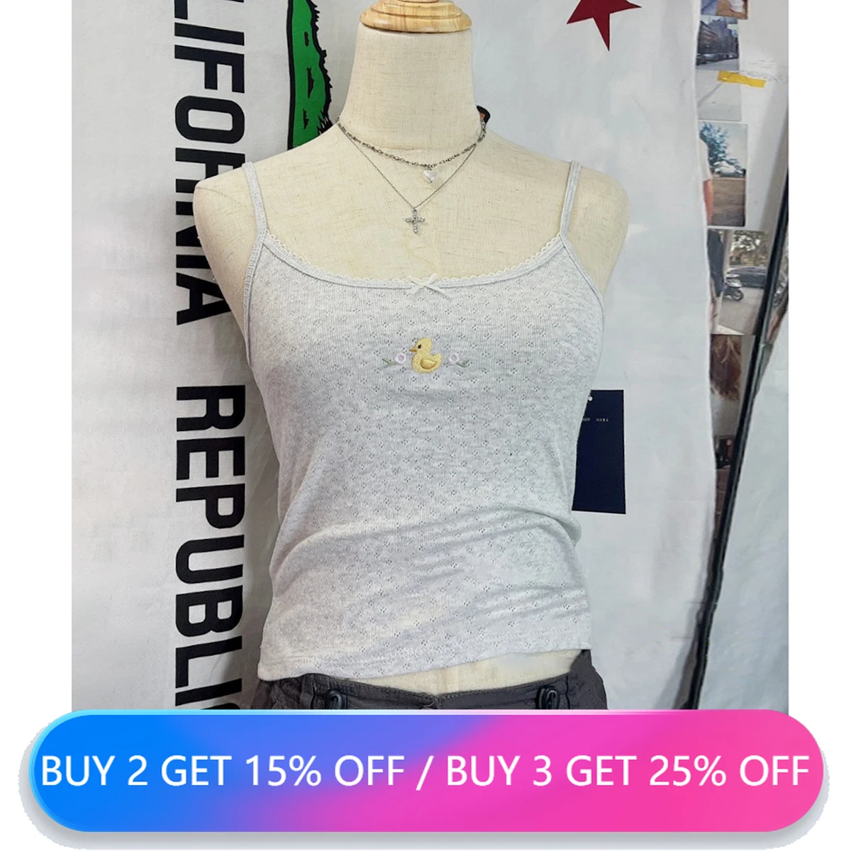 

Duck Embroidery Eyelet Tank Tops Women Summer Clothes 2024 Sweet Cotton Sexy 2000s Y2K Camisole Tanks Girls Cute Kawaii Crop Top