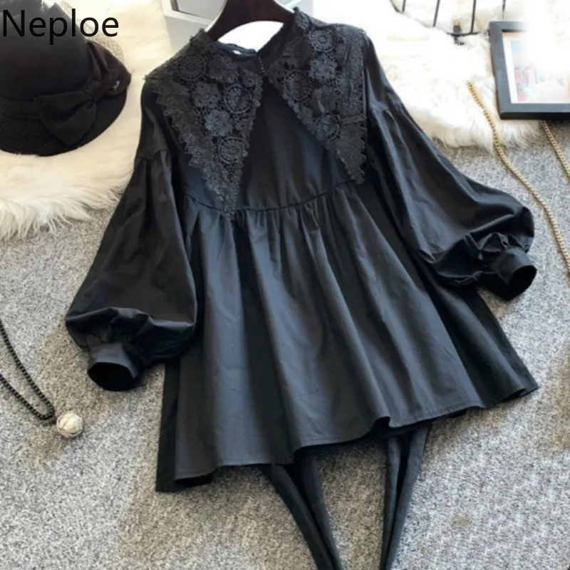 Neploe Oversized Blouse Women 2023 Blusas Mujer De Moda Crochet Lace Shirt Lantern Sleeve Loose Blouses Japanese Black Long Tops