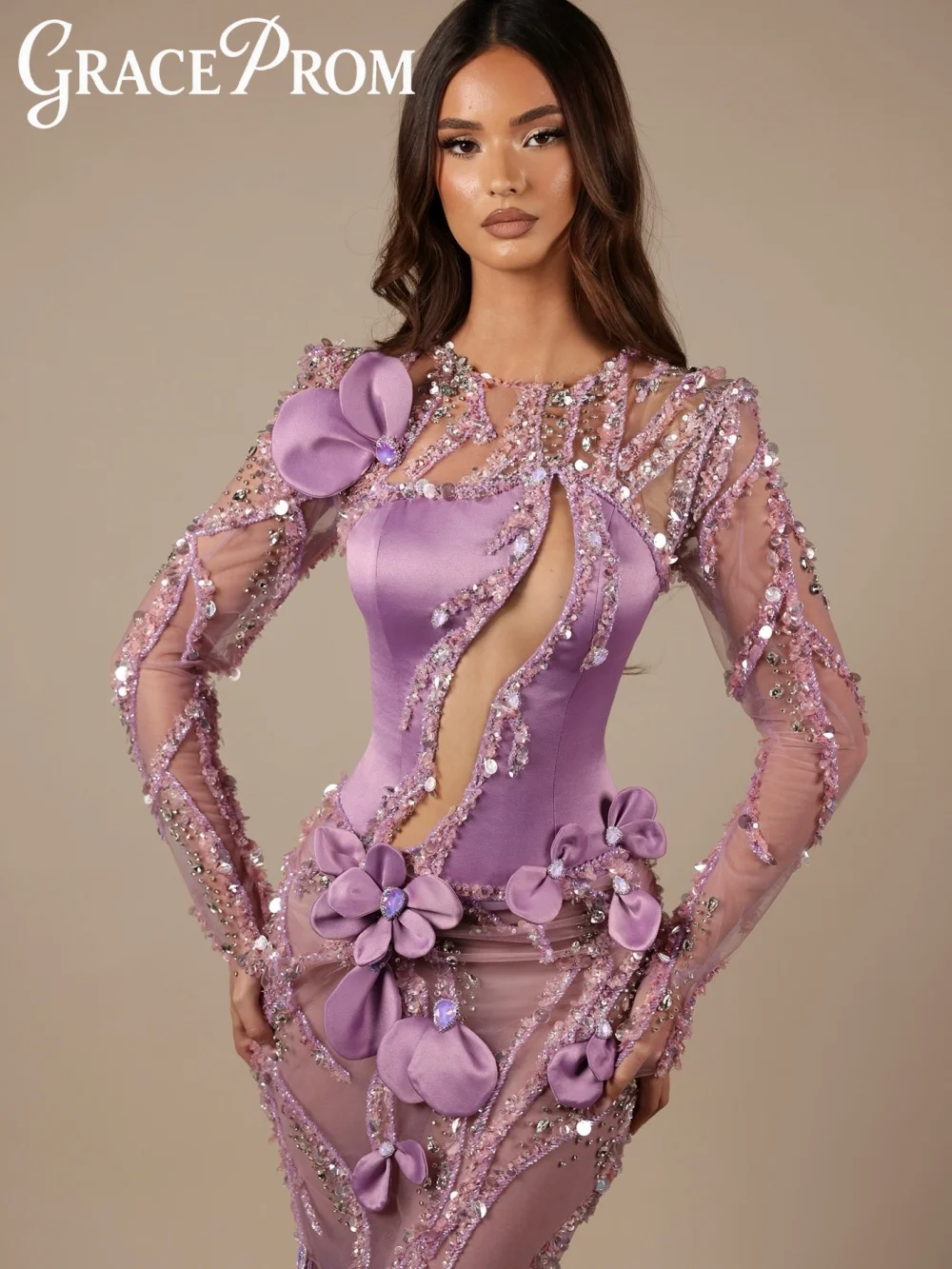 

Formal Long Sleeve Evening Dress 2026 Luxurious 3D Floral Carpet Gown Formal Crystal Beaded Floor Length Party Gown فساتين