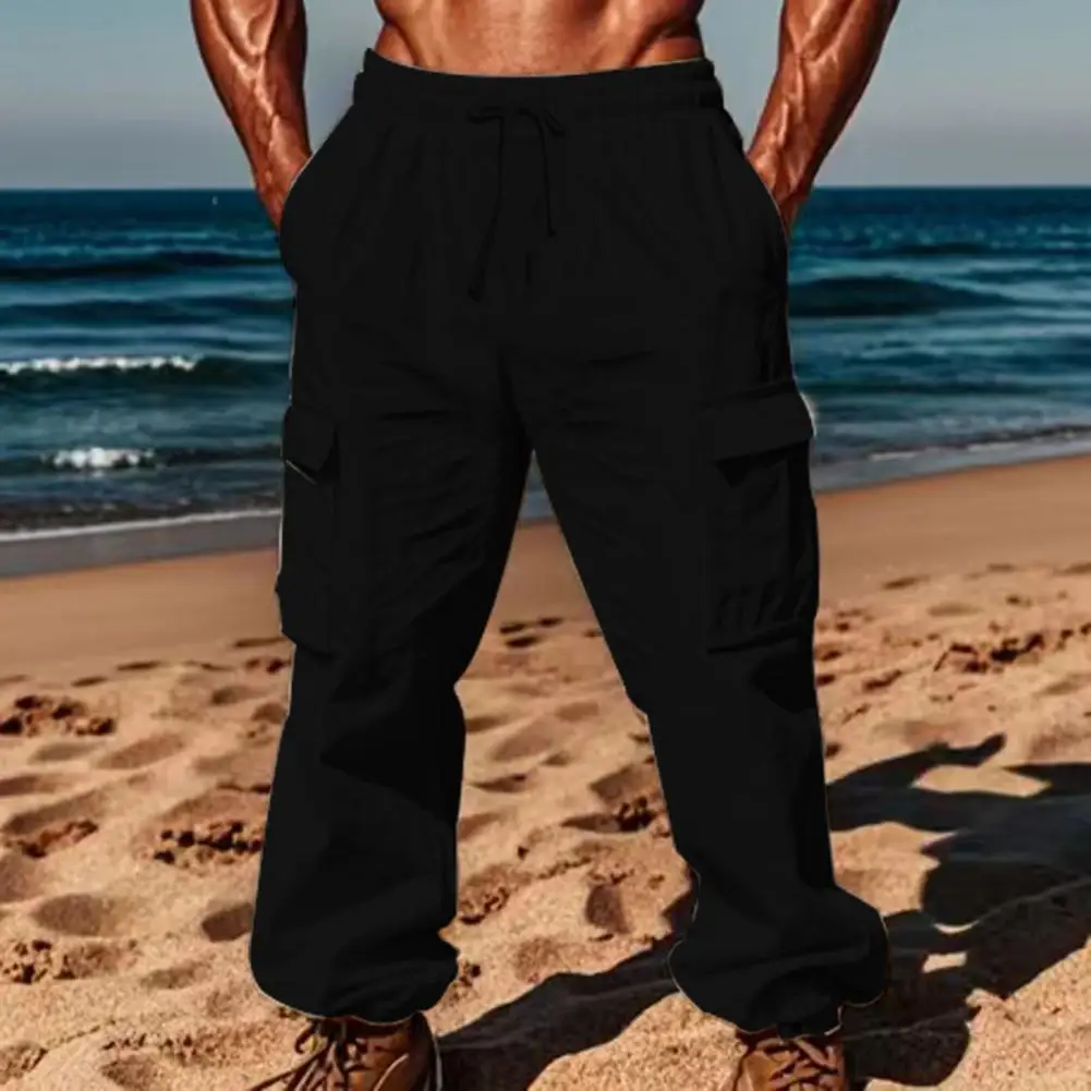 Calça cargo masculina com vários bolsos, algodão 2025, calça jogger com cordão na cintura, calça casual com cintura elástica, calça de exercício masculina