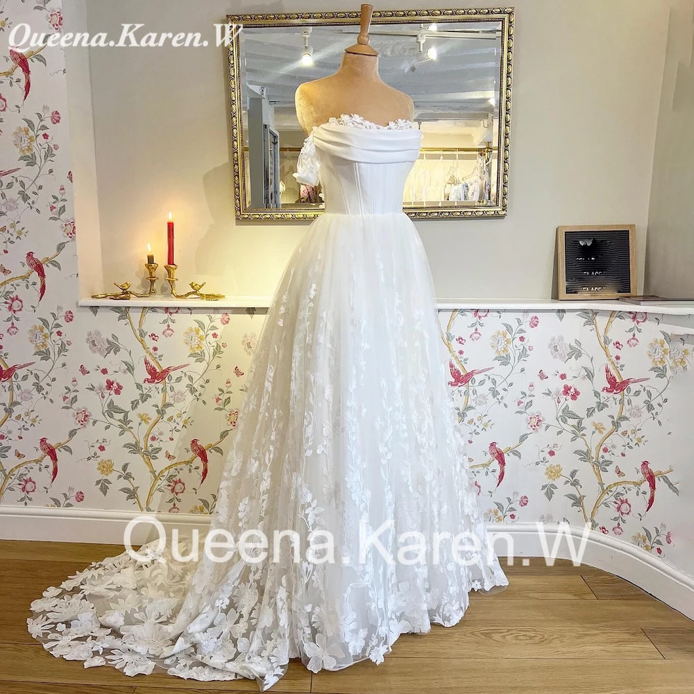 Elegancka Boho weselny sukienka bez ramion koronkowa aplikacja suknia dla panny młodej suknia ślubna z linią