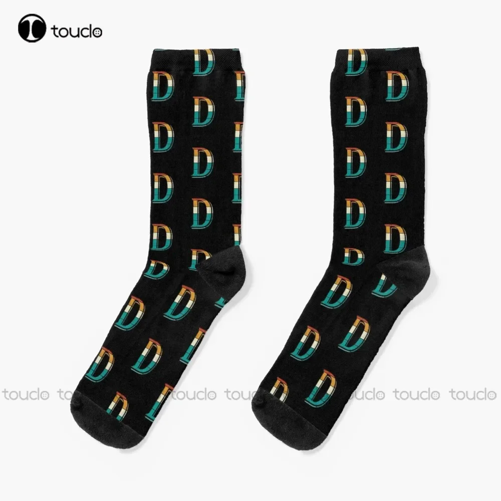 

Letter D Old School Letter Retro Sunset Pattern Socks Halloween Socks Men Christmas Gift Unisex Adult Teen Youth Socks Custom