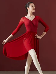 Leotardos de ballet de una pieza, traje de espectáculo de malla elegante, falda de gasa blanca, ropa de baile y gimnasia para adultos