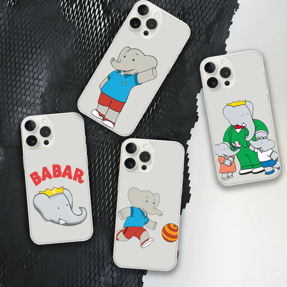 Babar The Elephant Cartoon Phone Case for iPhone 12 11 13 14 15 16 Max Pro Plus Transparent Soft Shell