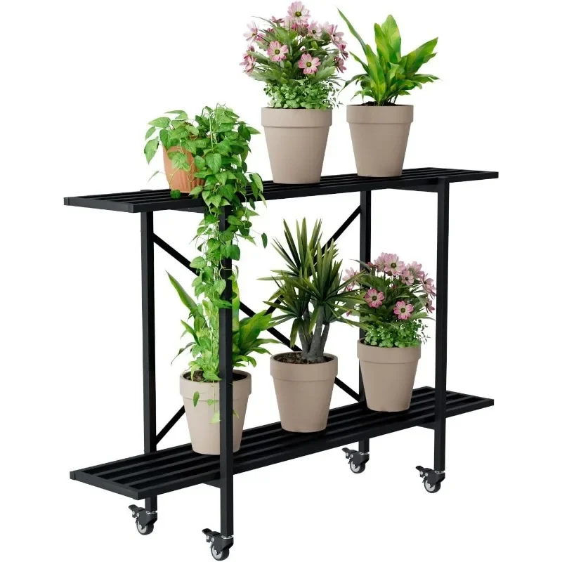 Support de plantes en métal robuste à 2 niveaux, support étroit pour plantes d'intérieur et d'extérieur, L35.43 x W10.3 x H 27.5 pouces, 440 LBS