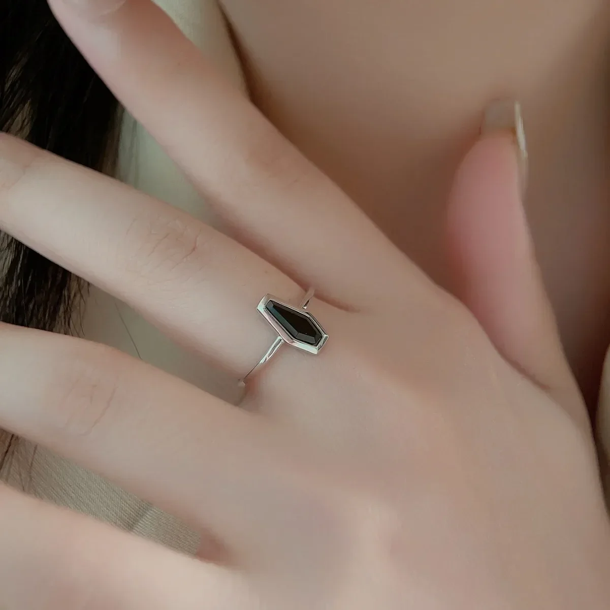 Unisex 925 Sterling Silver Black Agate Coffin Ring, Unique Style