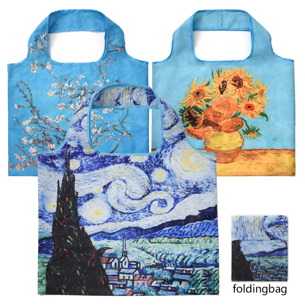 Van Gogh Hand Painted Oil Painting Shopping Bag Famous Painting Pattern Storage Bag Portable Foldable Travel Bag One Shoulder