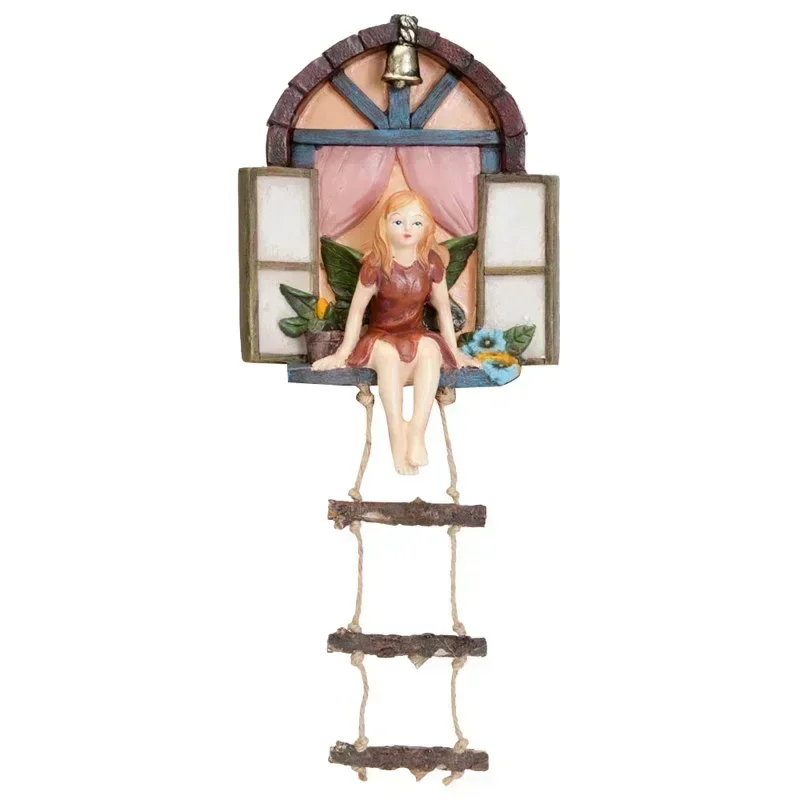 Home Garden Decor Fairy House Tree Hanging Sculpture Window Ladder Resin Statue Figurine Outdoor Ornament Yard Art Decor