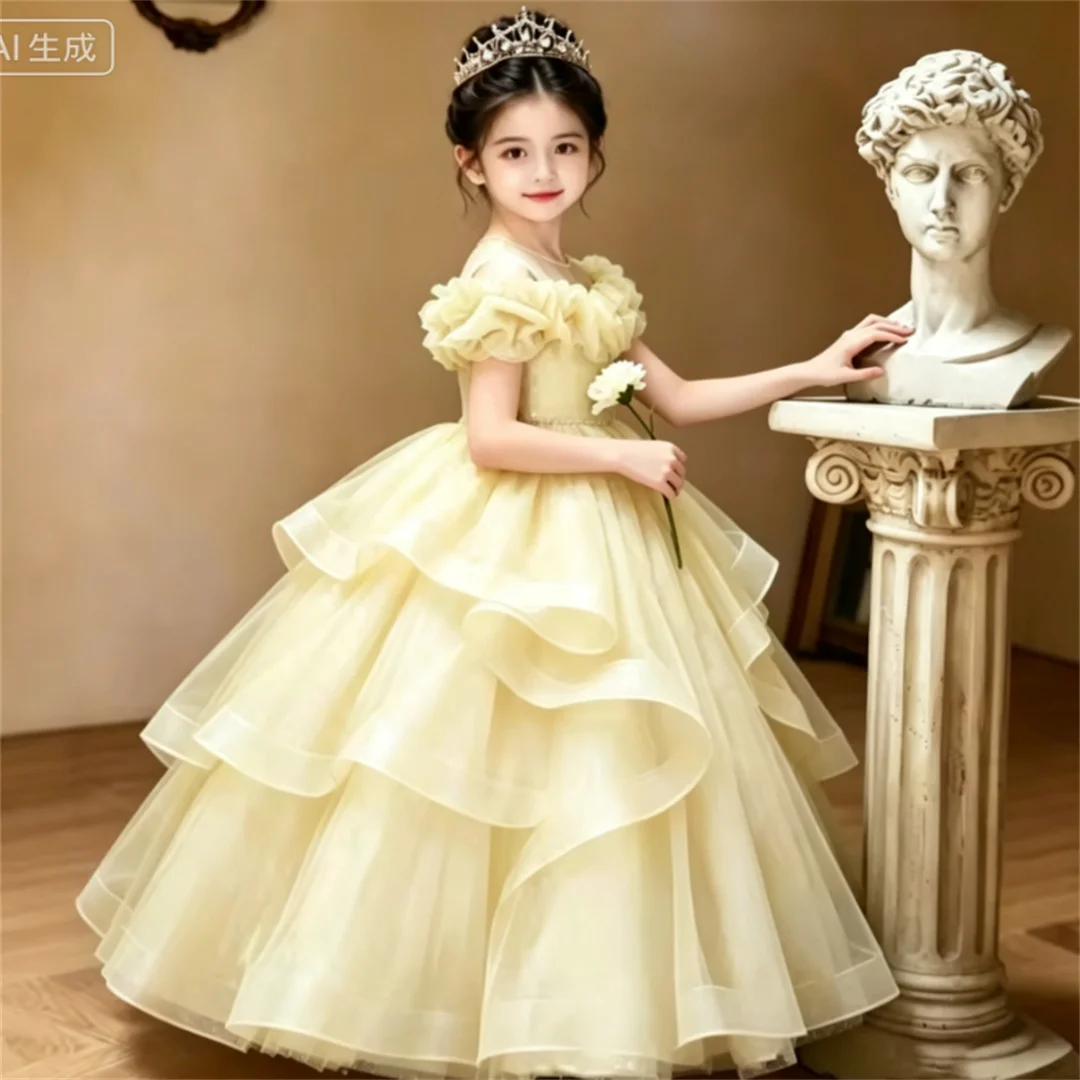 Children Girls Yellow Formal Wedding Flower Girl Kids Birthday Party Banquet Princess Gown Kids Host Piano Performance Clothes