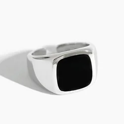 Retro Flat Square Black Glass Onyx Tail Ring For Women Classic Zinc Alloy Open Ring Designer Jewelry Accessories Unisex Gift