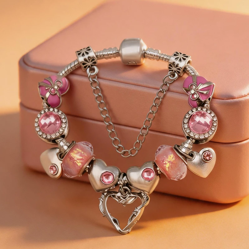Valentine's Day Hot selling New Pan Family Pink Love Bead Bracelet DIY Brand Charm Bracelet Women's Gift New Design