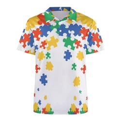 Autism Awareness Colorful Puzzle 3D Print Polo Shirt For Men Clothes Harajuku Short Sleeve Cool Street Button Lapel Tee Shirts