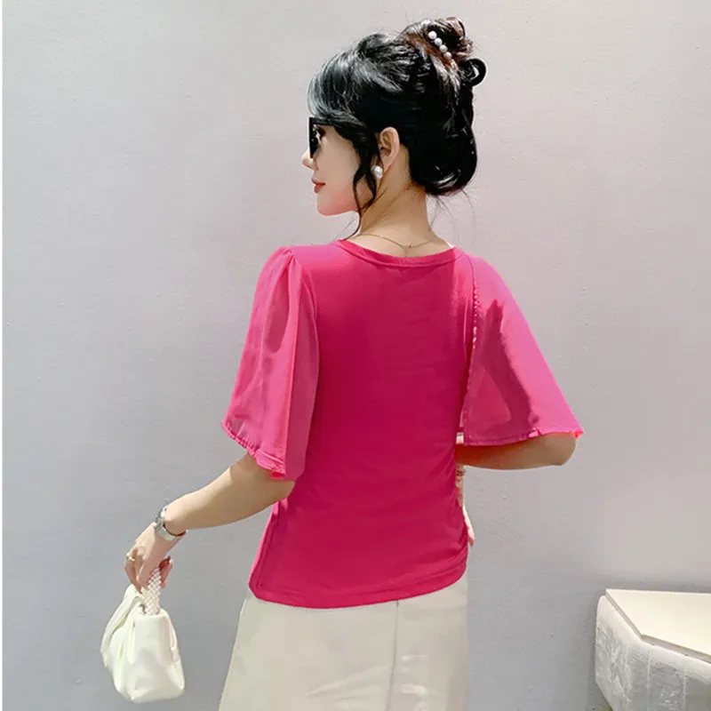 Summer Korean Clothes Women T-Shirt New Chic Button Diamonds Tops Girl Sexy Chiffon Ruffles Shawl Sun Protection Sleeves Tees