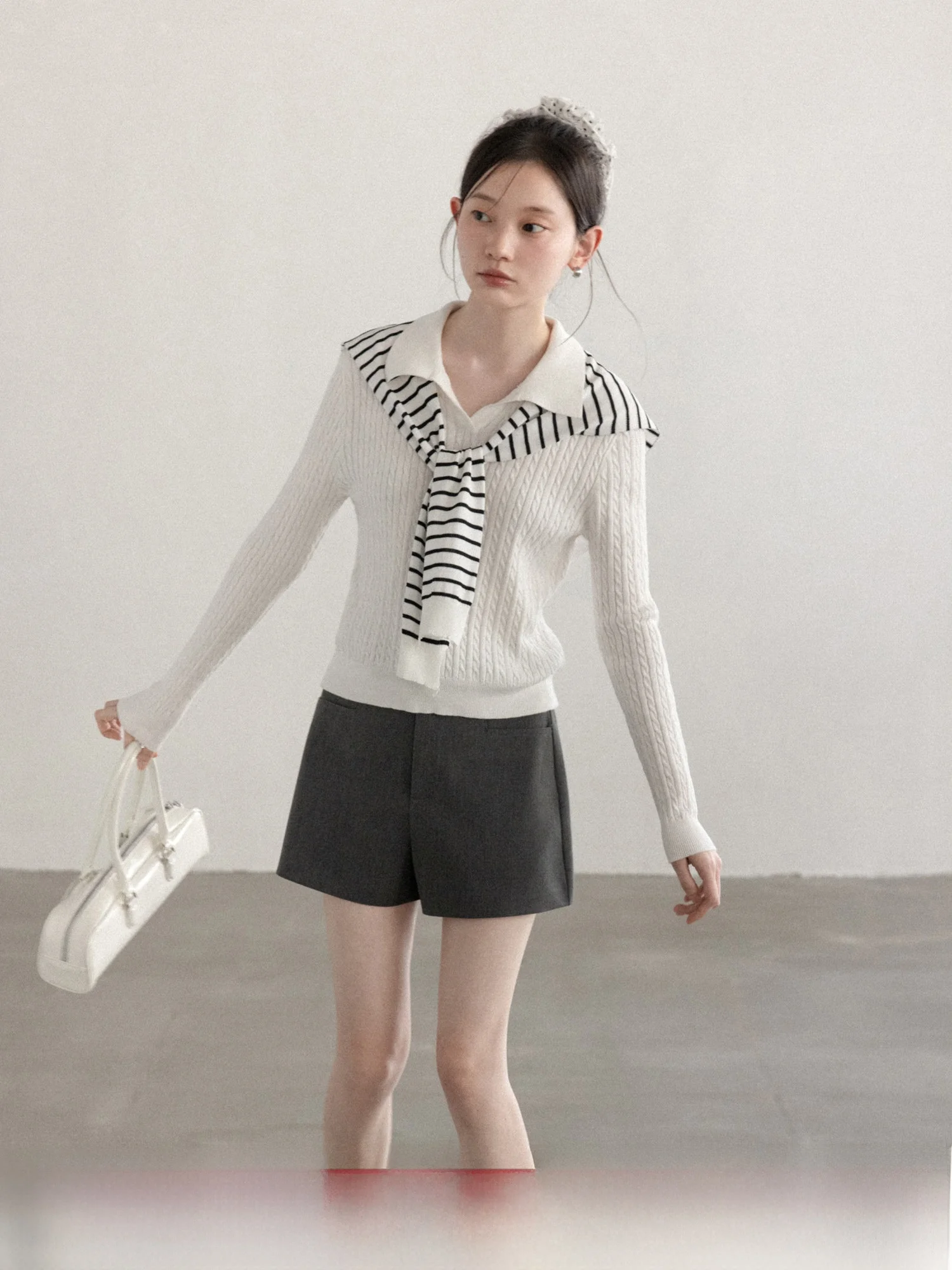 

Korean Sle Striped oulder Wrap Long Sve Women's Knitted Sweater Casual Loose Fit Soft Cotton Inner Wear Slimming Top