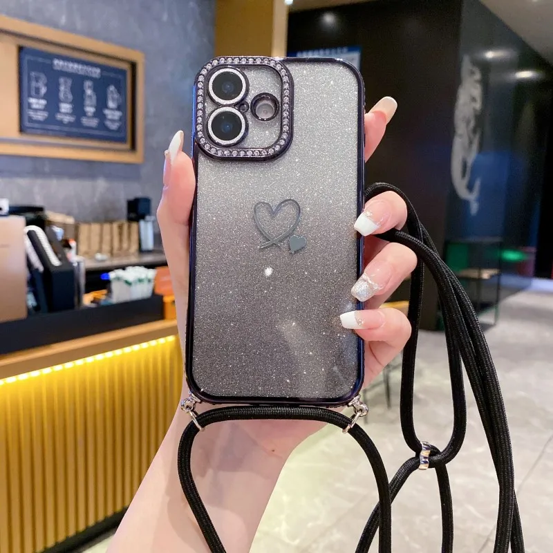 Lanyard Diamond Hülle für iPhone 18 Pro Max 14 12 17 13 15 16 Plus Air Stoßfeste Crossbody-Halskordel mit Glitzer-Transparenter Abdeckung