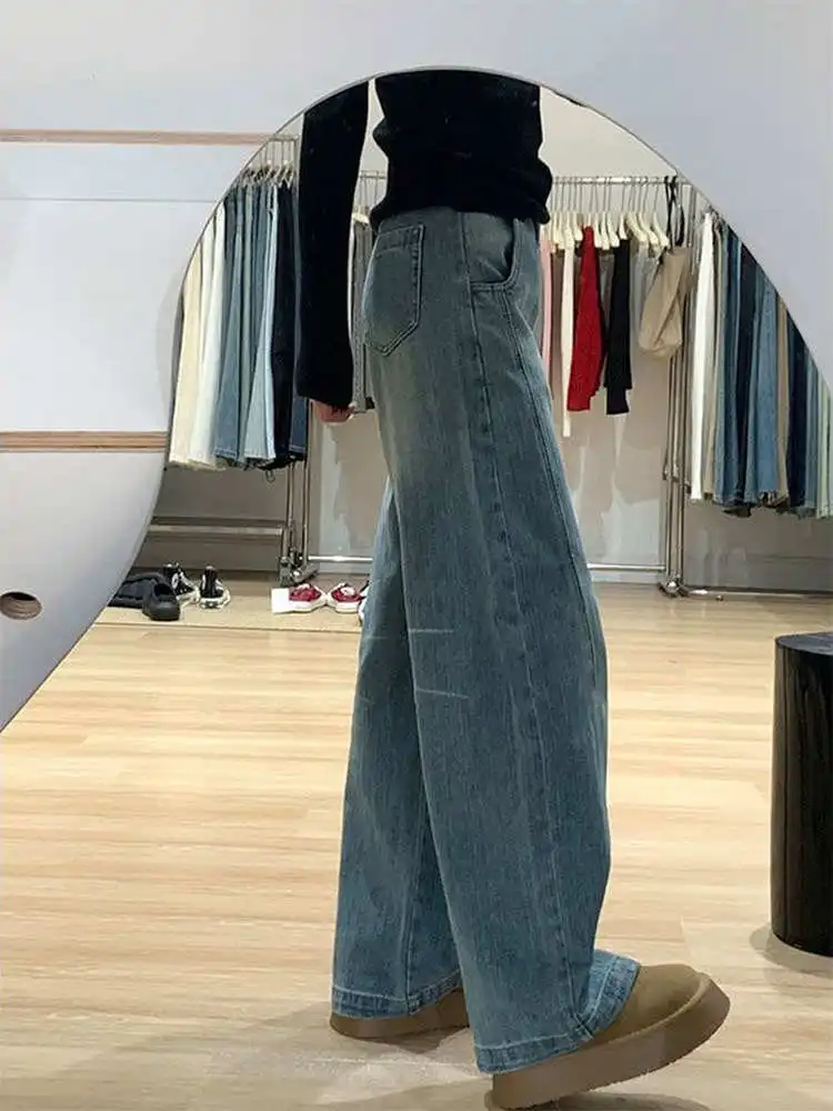 กางเกงยีนส์ทรงขาบานสไตล์อเมริกันย้อนยุคสำหรับผู้หญิง ทรงหลวม เอวสูง ช่วยให้ดูผอม ใส่ได้ในฤดูใบไม้ร่วงและฤดูหนาว มีไซส์พลัสสำหรับสาวอวบ